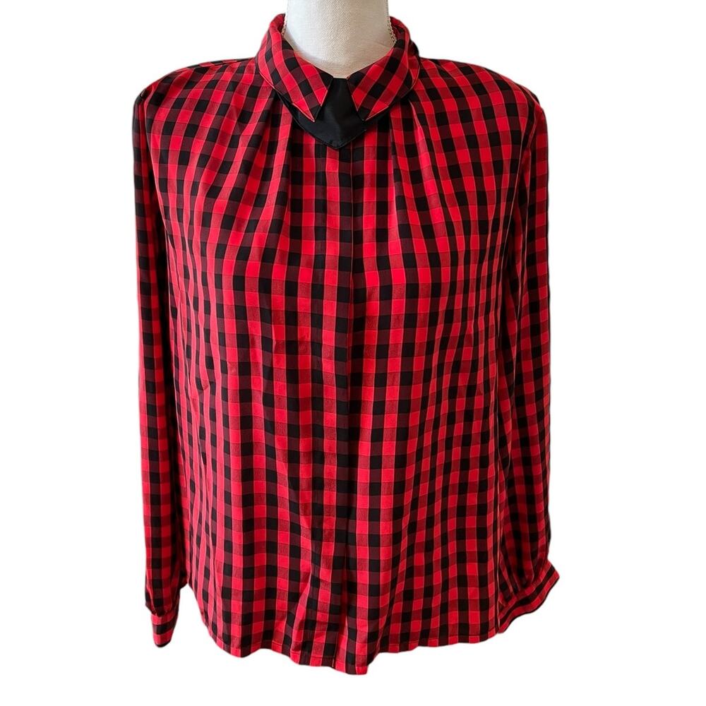 Vintage 80s Button Front Blouse Buffalo Plaid Bow Tie Detail Red Black